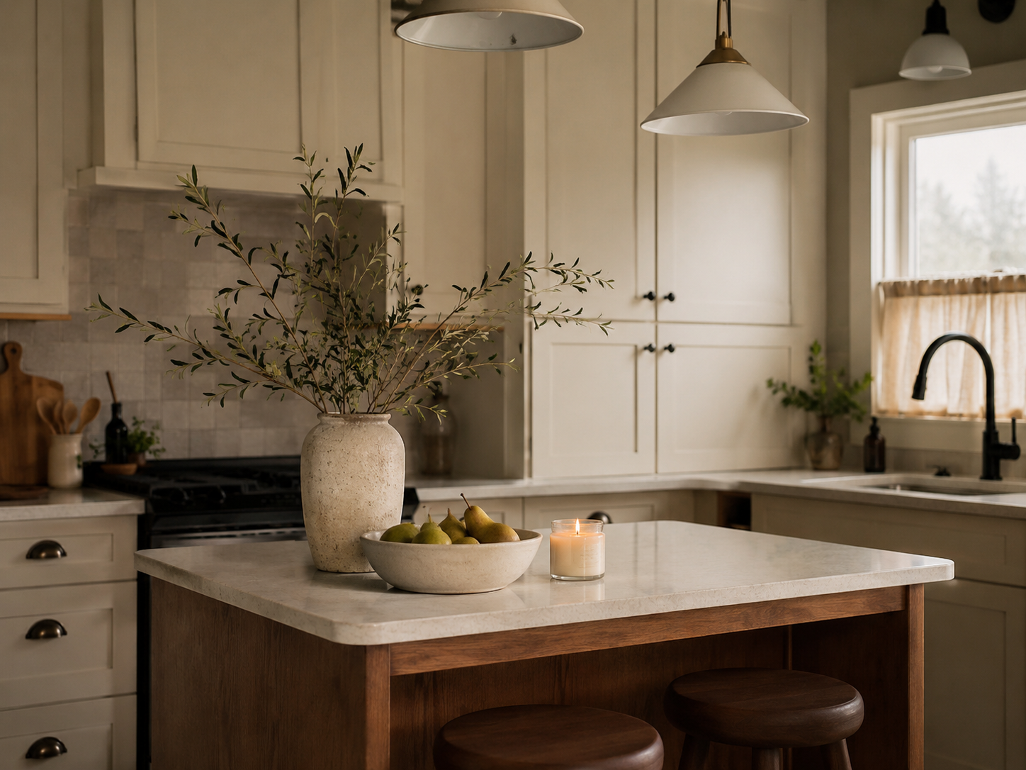 Simple cozy kitchen island with ceramic bowl of fruit, vase with greenery, candle, light stone counter, and cream cabinets