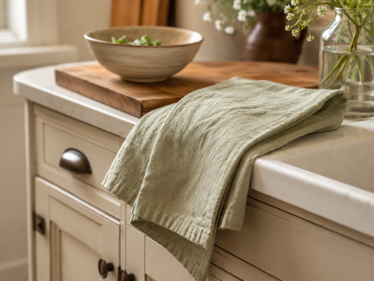 Close-up of beige or sage linen kitchen towel with warm cabinets, wooden cutting board, ceramic bowl, and soft daylight