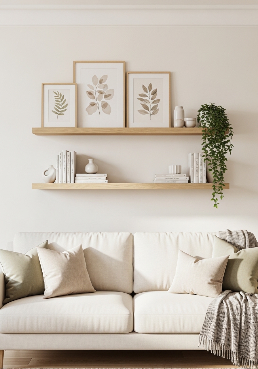 Floating shelves above a cream sofa styled with framed art, books, ceramics, and a trailing plant