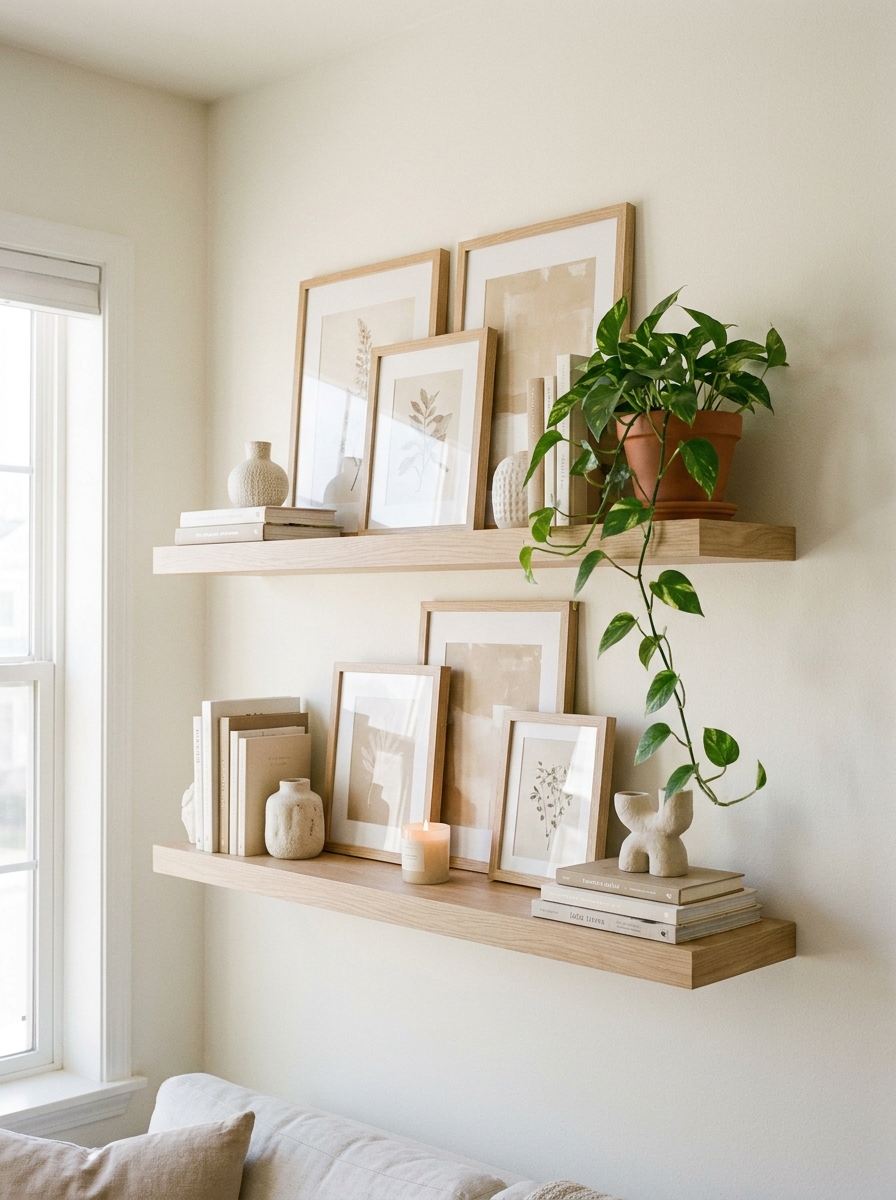 Living room shelves with layered framed art, books, ceramic objects, candle, and small plant