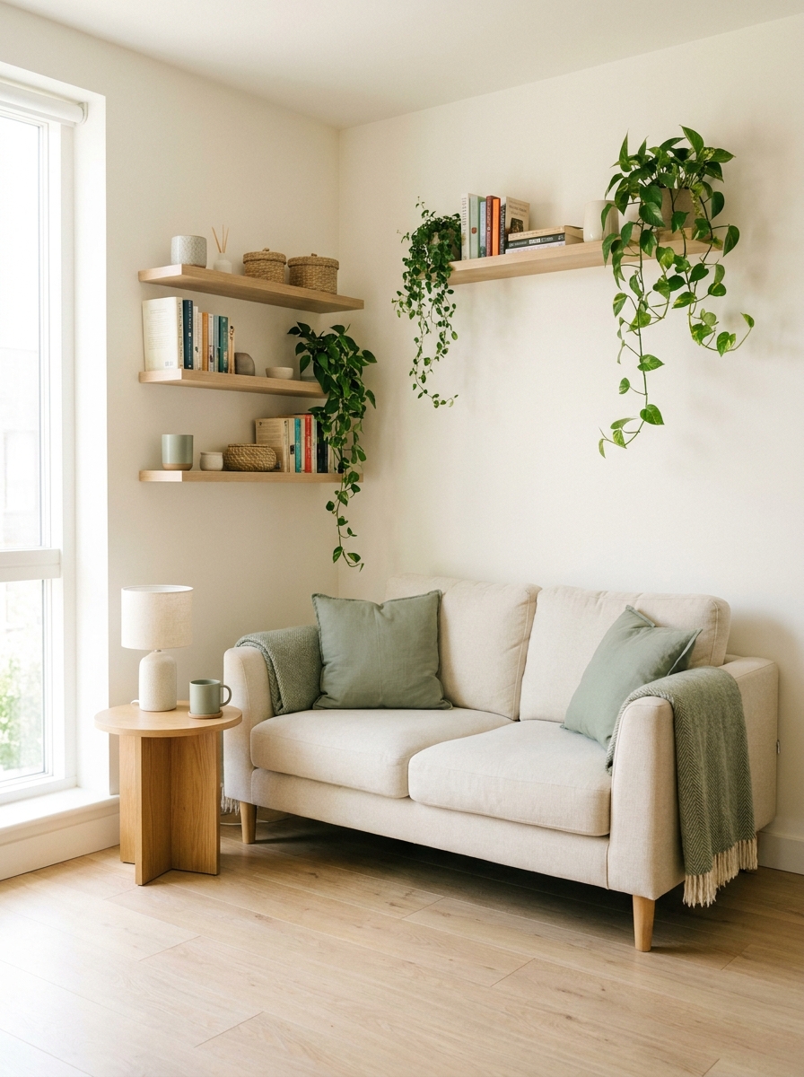 Small apartment living room with compact sofa, narrow floating shelves, books, baskets, plants, and side table