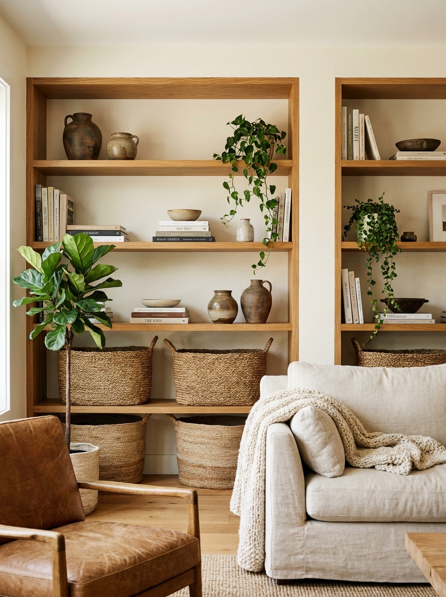 Living room shelves with woven baskets for storage, books, ceramics, and plants