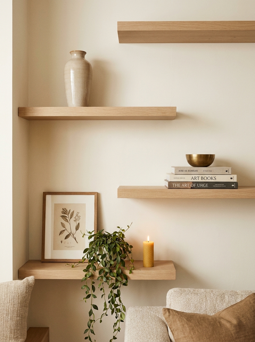 Asymmetrical living room shelf styling with tall vase, stacked books, framed art, small bowl, plant, and candle