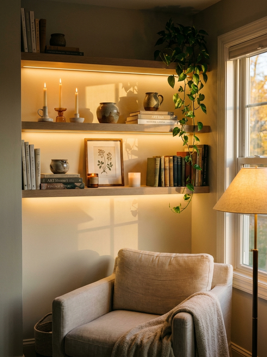 Evening living room shelves styled with candles, books, ceramics, framed art, plant, and warm lamp glow