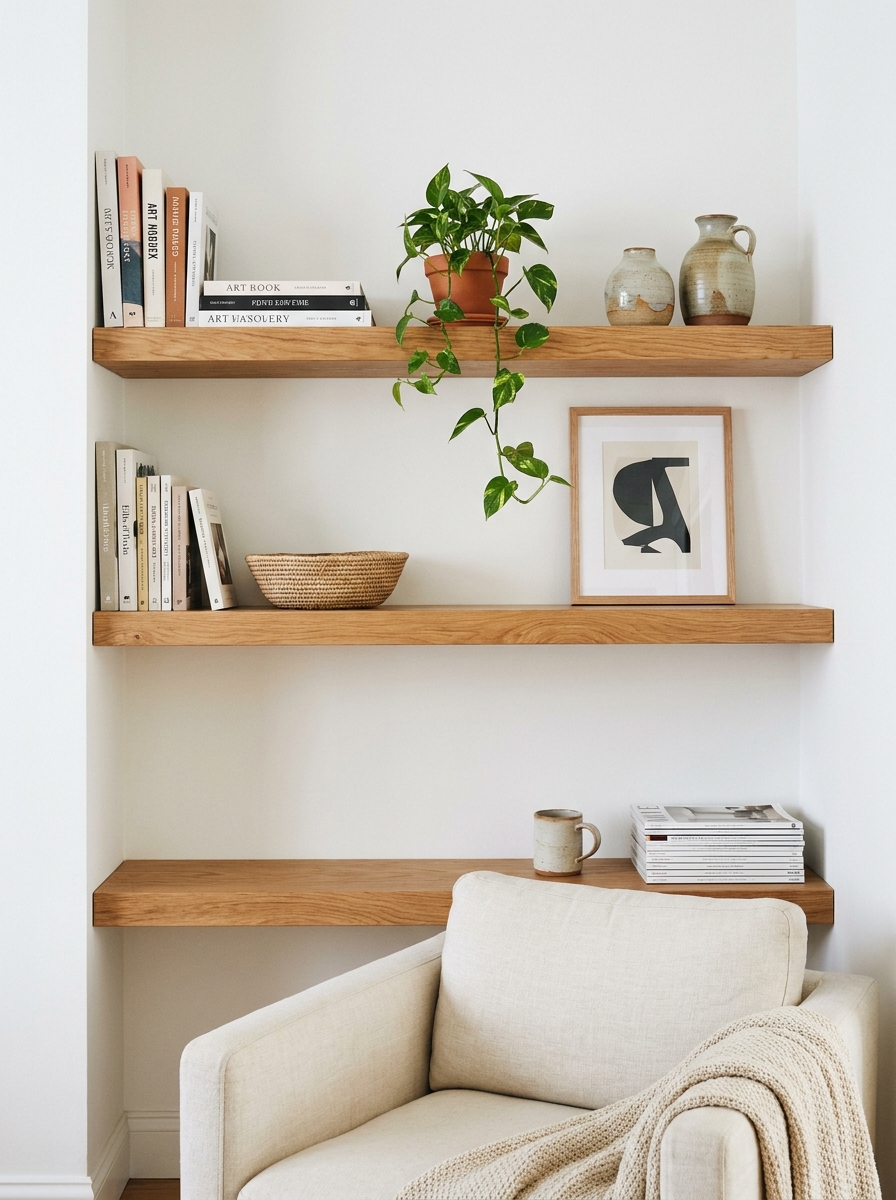 Wooden living room shelves on a clean white wall styled with books, ceramics, a small plant, woven bowl, and framed art