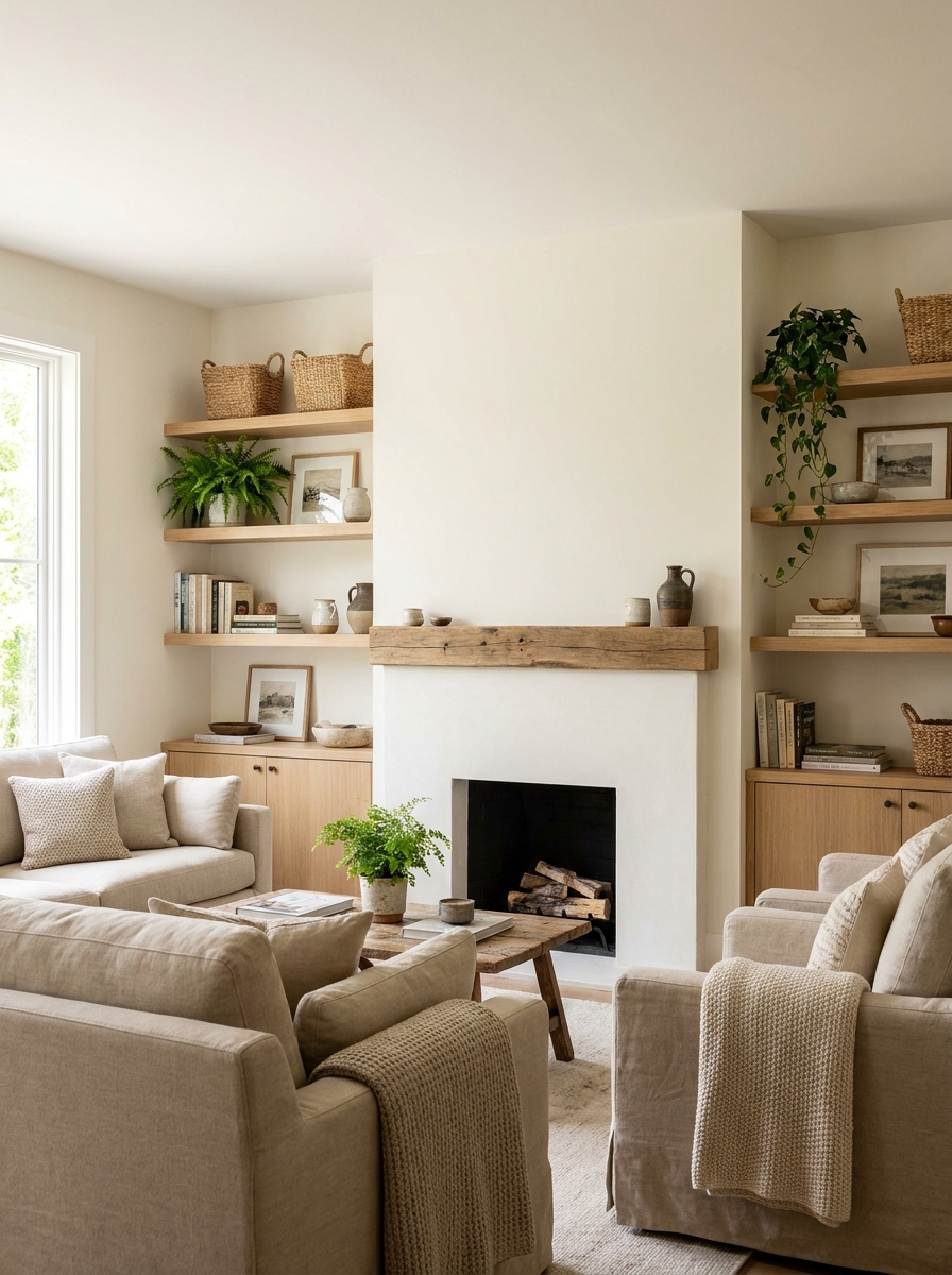Living room shelves beside a fireplace styled with books, baskets, ceramics, framed art, and plants