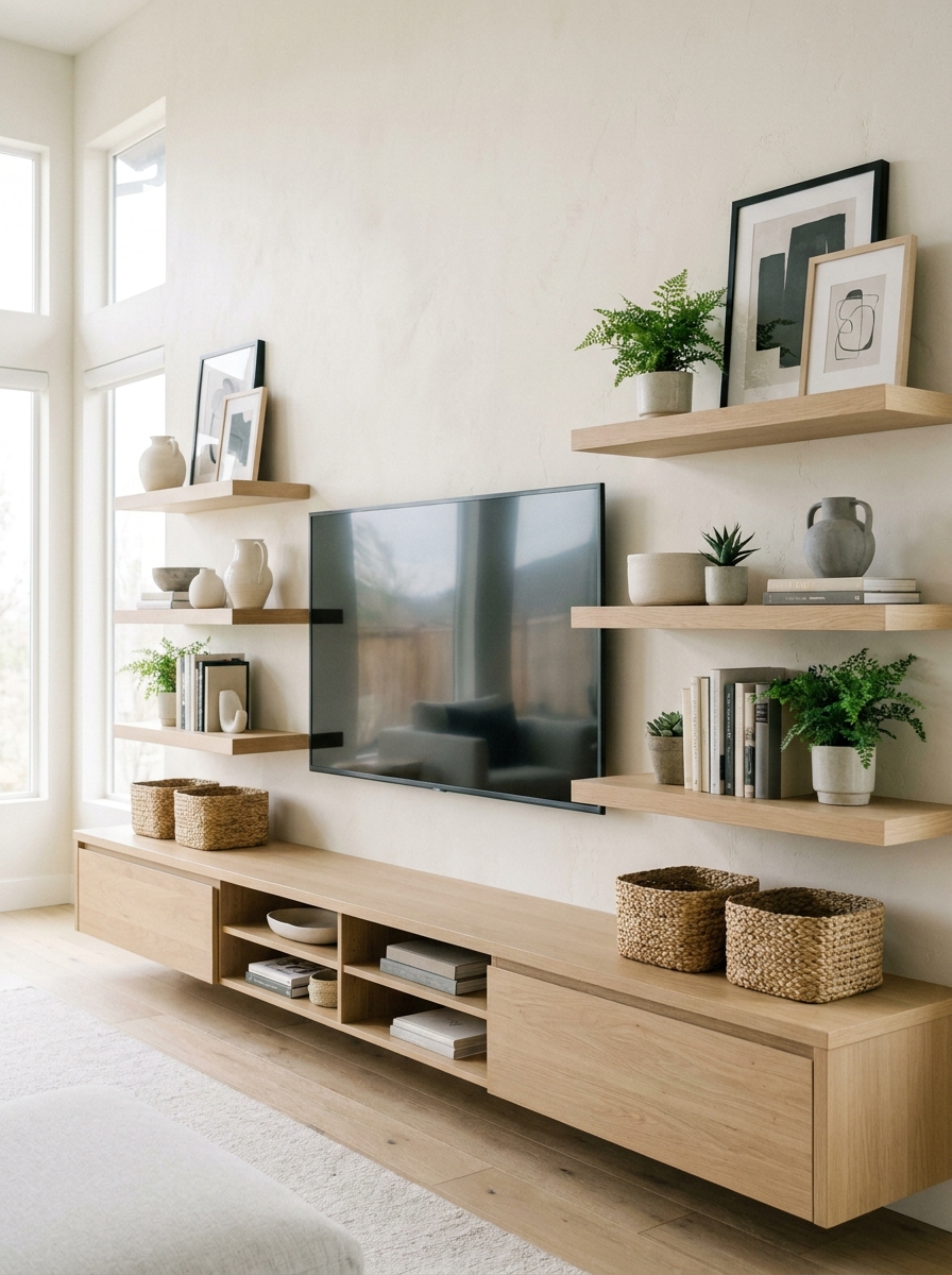 Living room TV wall with open shelves styled with books, baskets, plants, ceramics, and framed art
