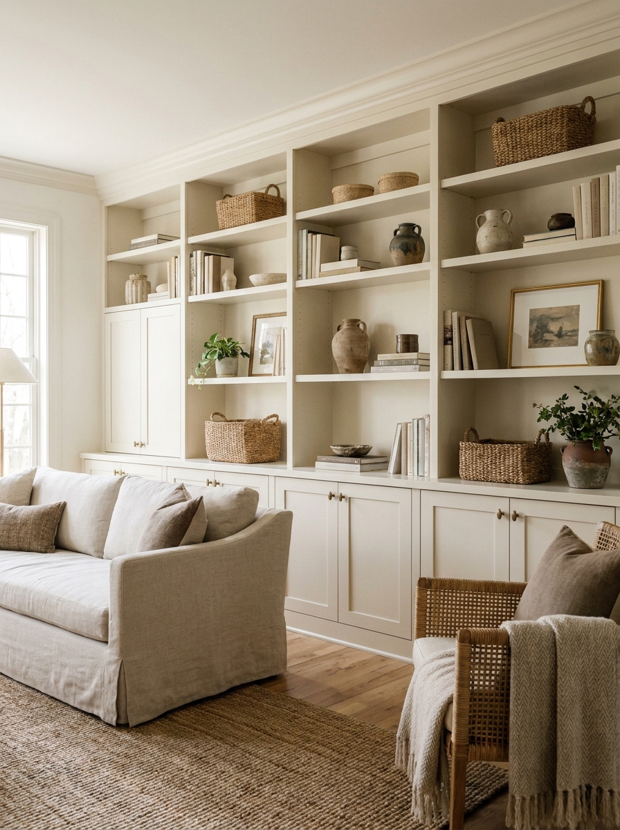 Cream built-in living room shelves styled with books, woven baskets, ceramics, framed art, and plants
