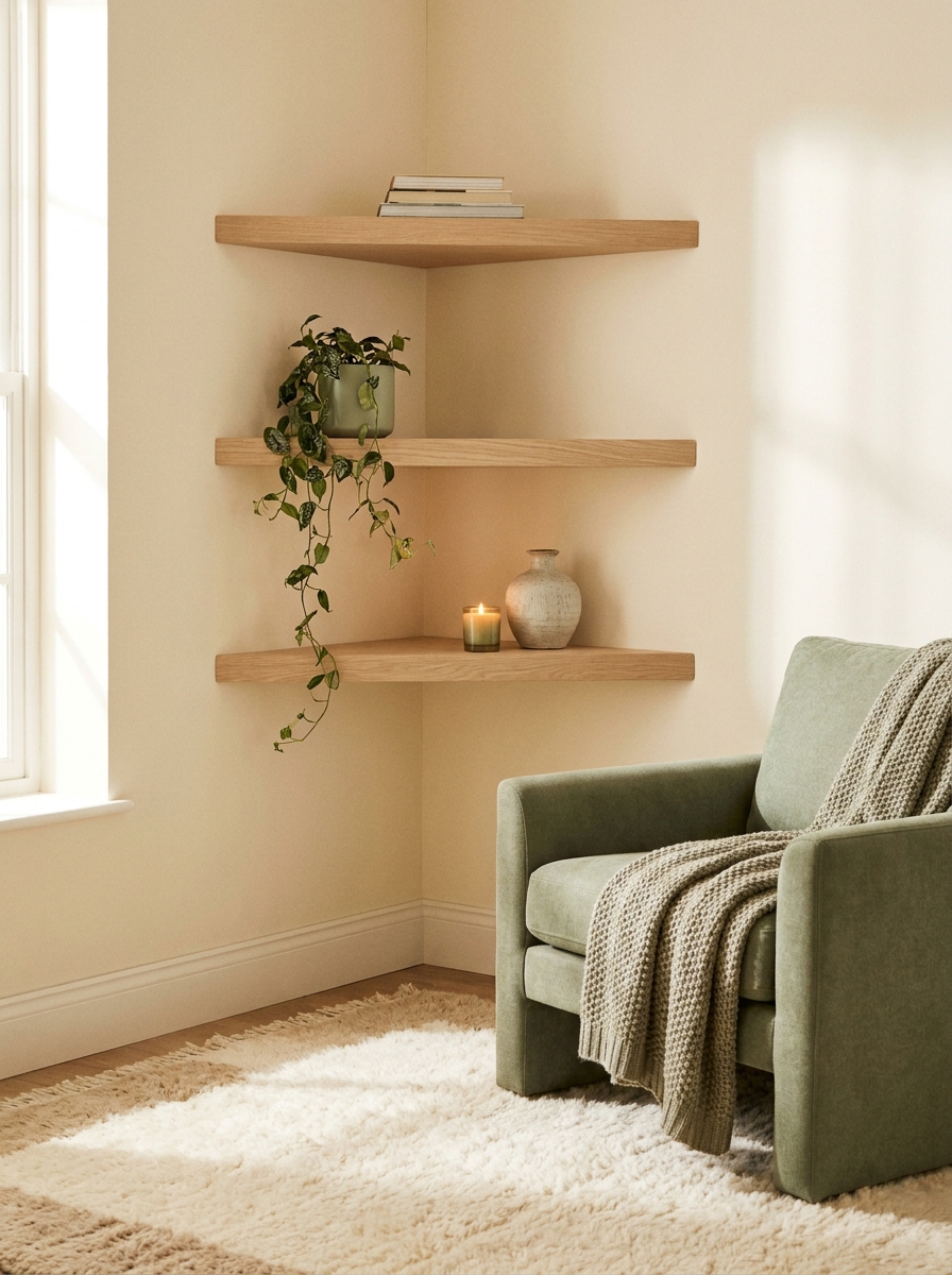 Small living room corner with floating corner shelves, books, plant, candle, and ceramic vase