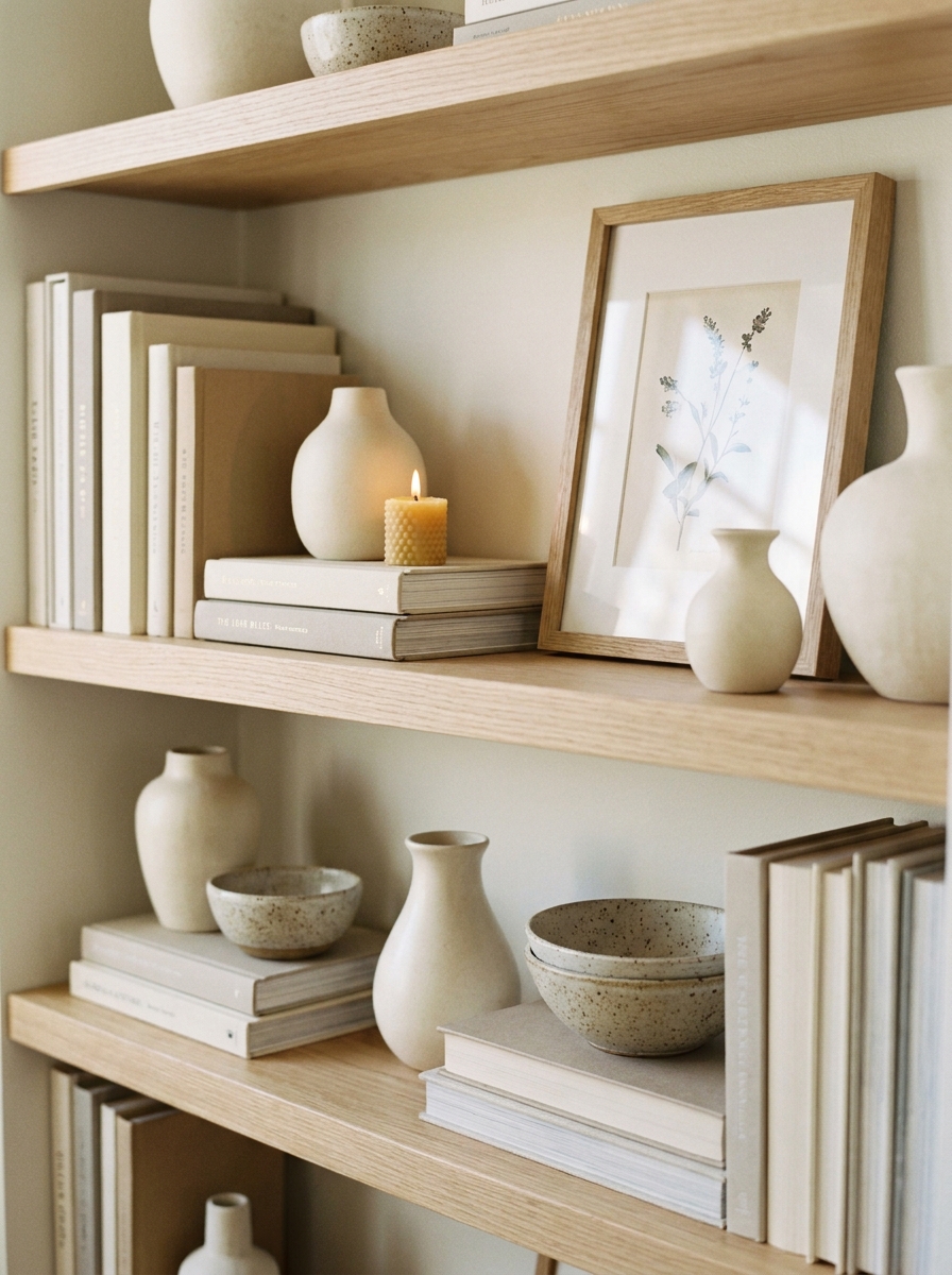 Close-up of light wood living room shelves styled with neutral books, cream ceramics, bowls, candle, and framed print