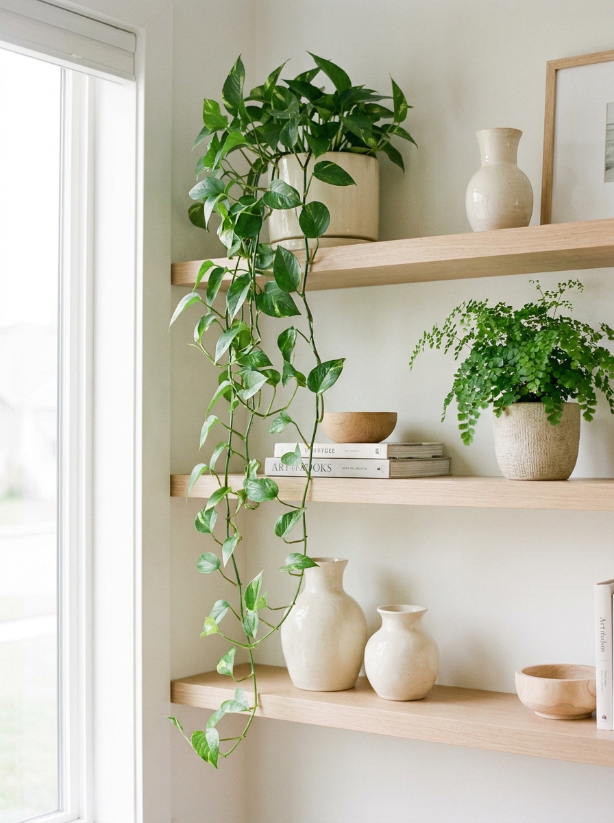 Living room shelves styled with trailing pothos, small leafy plant, cream ceramics, books, and light wood accents