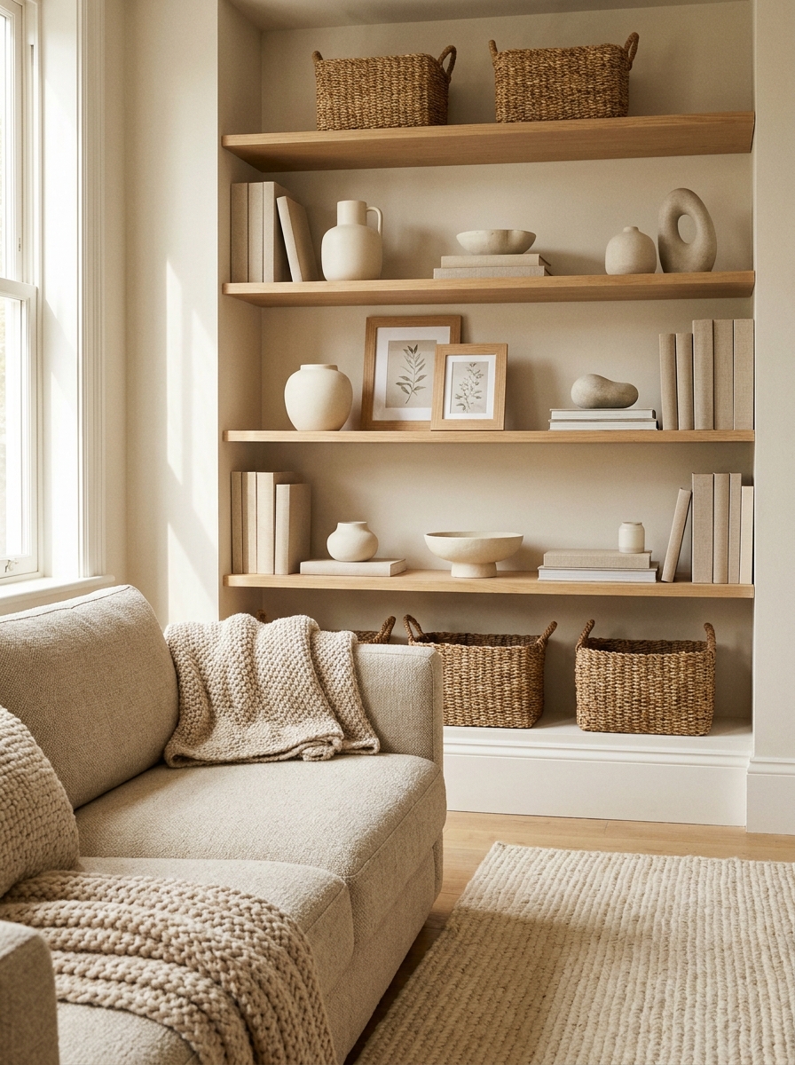 Neutral living room shelf decor with beige books, matte cream ceramics, woven baskets, light wood frames, and stone accents