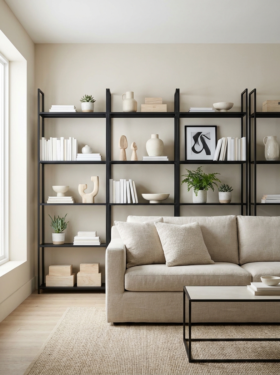 Modern black living room shelves styled with white books, cream ceramics, pale wood accents, small plants, and framed black-and-white art