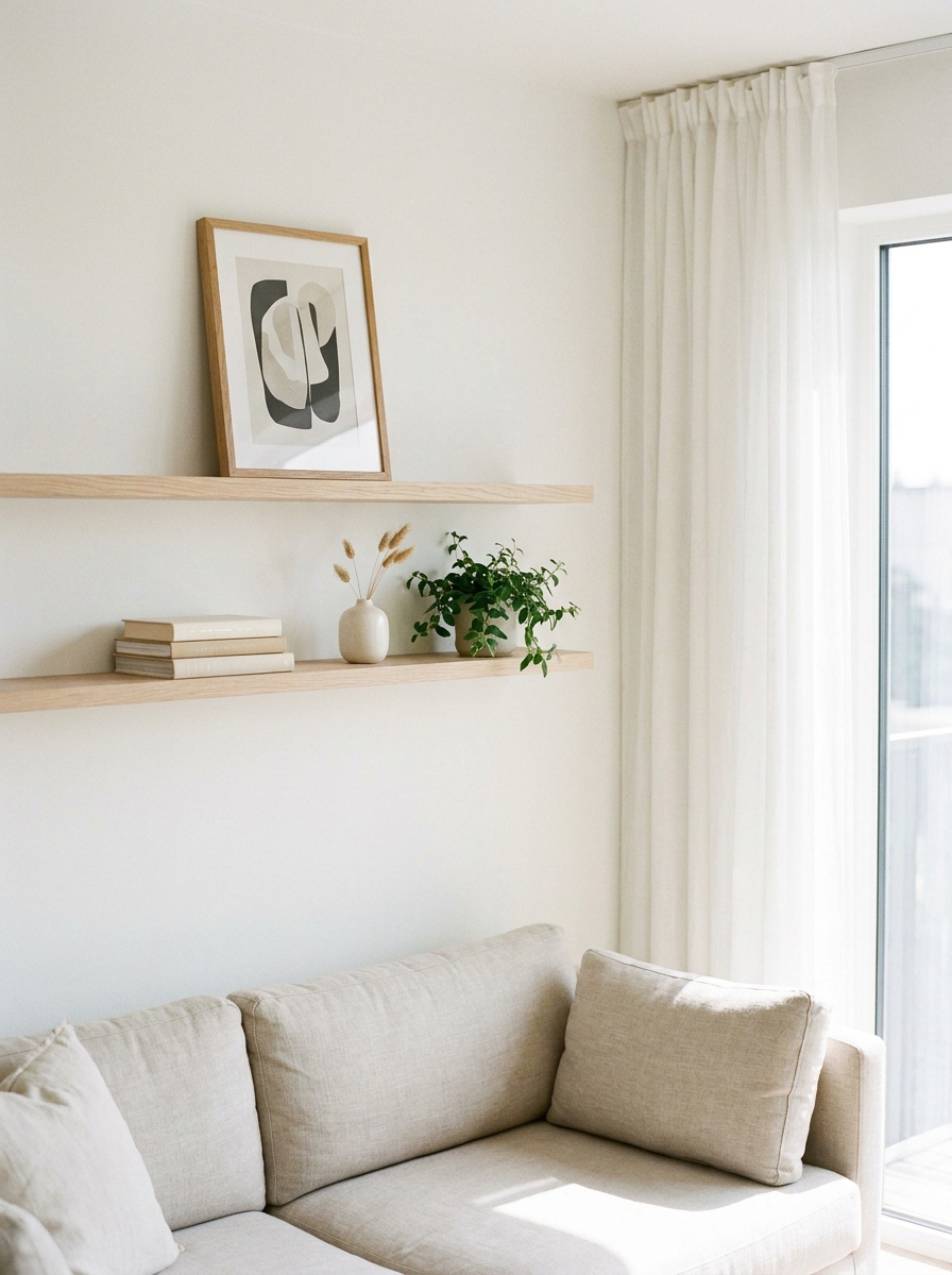 Minimal Scandinavian living room shelves with pale oak, white wall, framed print, neutral books, small vase, and plant