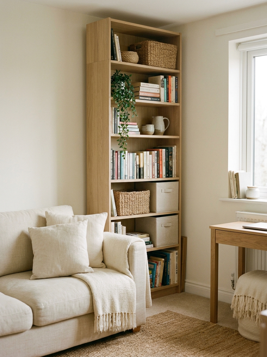 Tall slim pale oak bookcase beside apartment sofa or desk styled with books, baskets, ceramics, plants, and storage boxes