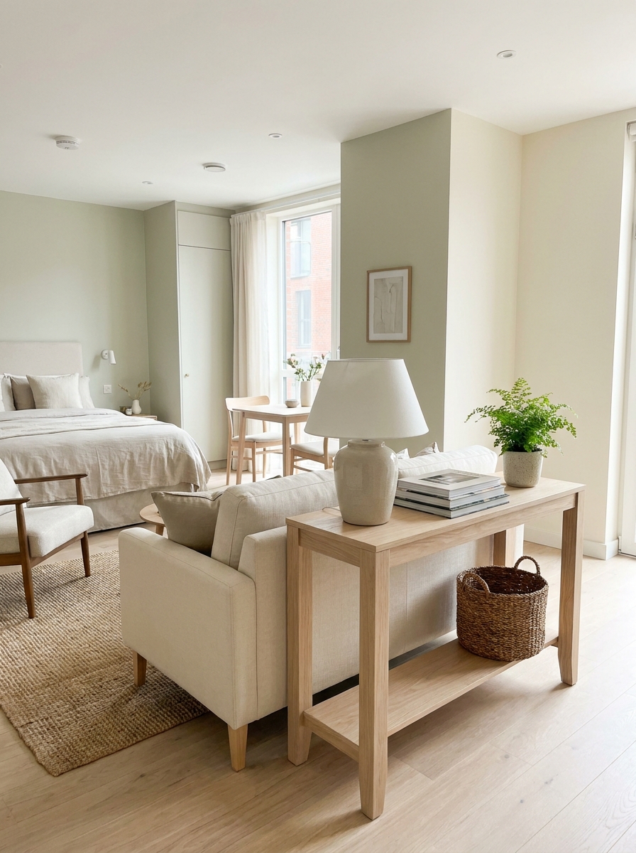 Small open-plan apartment with narrow console table behind sofa holding lamp, books, basket, and plant