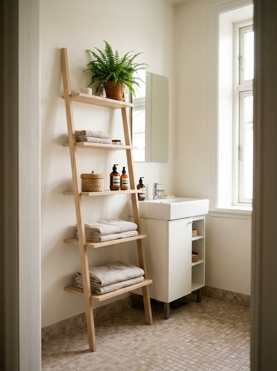 Small apartment bathroom with slim light wood storage ladder holding towels, basket, skincare bottles, and plant