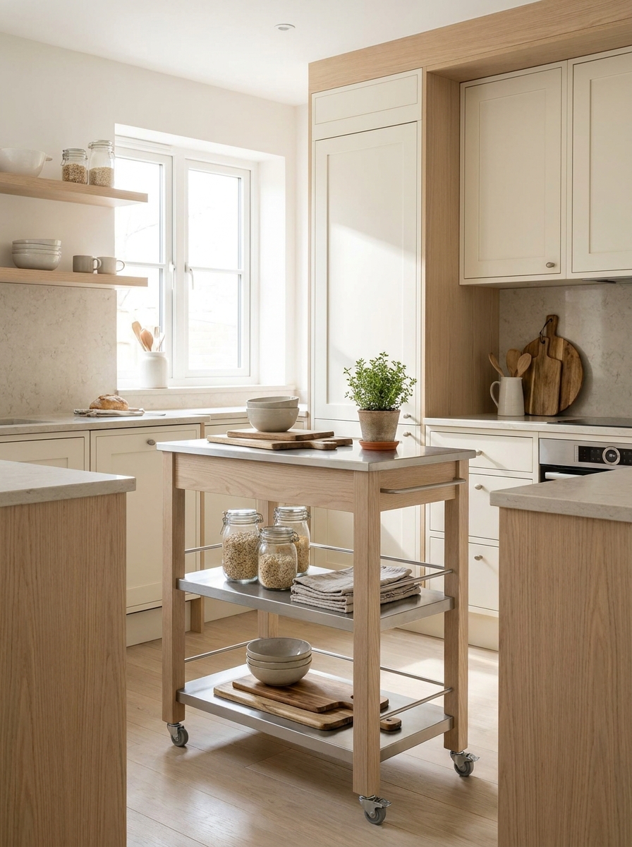 Small apartment kitchen with compact rolling kitchen cart holding jars, bowls, towels, cutting boards, and plant