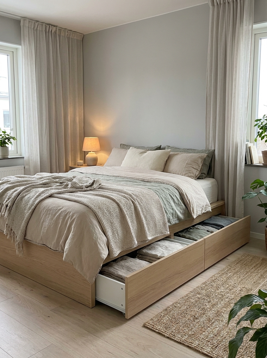 Small apartment bedroom with platform bed, visible built-in storage drawers, neutral bedding, bedside lamp, curtains, and pale wood flooring