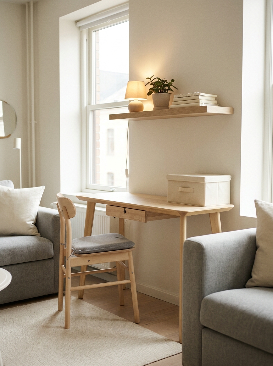 Small apartment desk setup with narrow pale wood desk, drawer, wall shelf, lamp, plant, notebook, and closed storage box