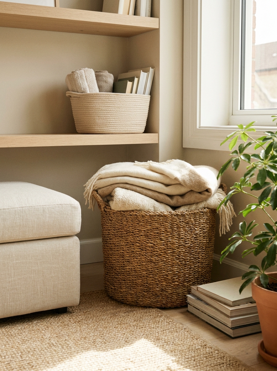 Decorative woven baskets used for living room storage beside a cream sofa, with blankets, shelf basket, rug, books, and plant
