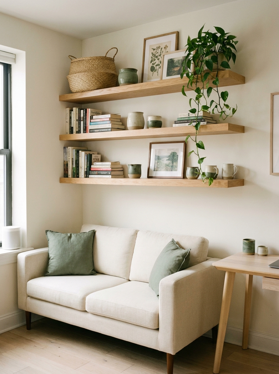Floating shelves above compact apartment furniture styled with books, basket, ceramics, framed art, and trailing plant