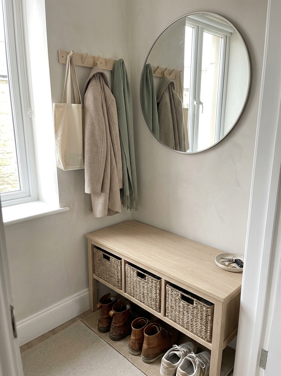 Tiny apartment entryway with storage bench, woven baskets, wall hooks, round mirror, key tray, and shoes