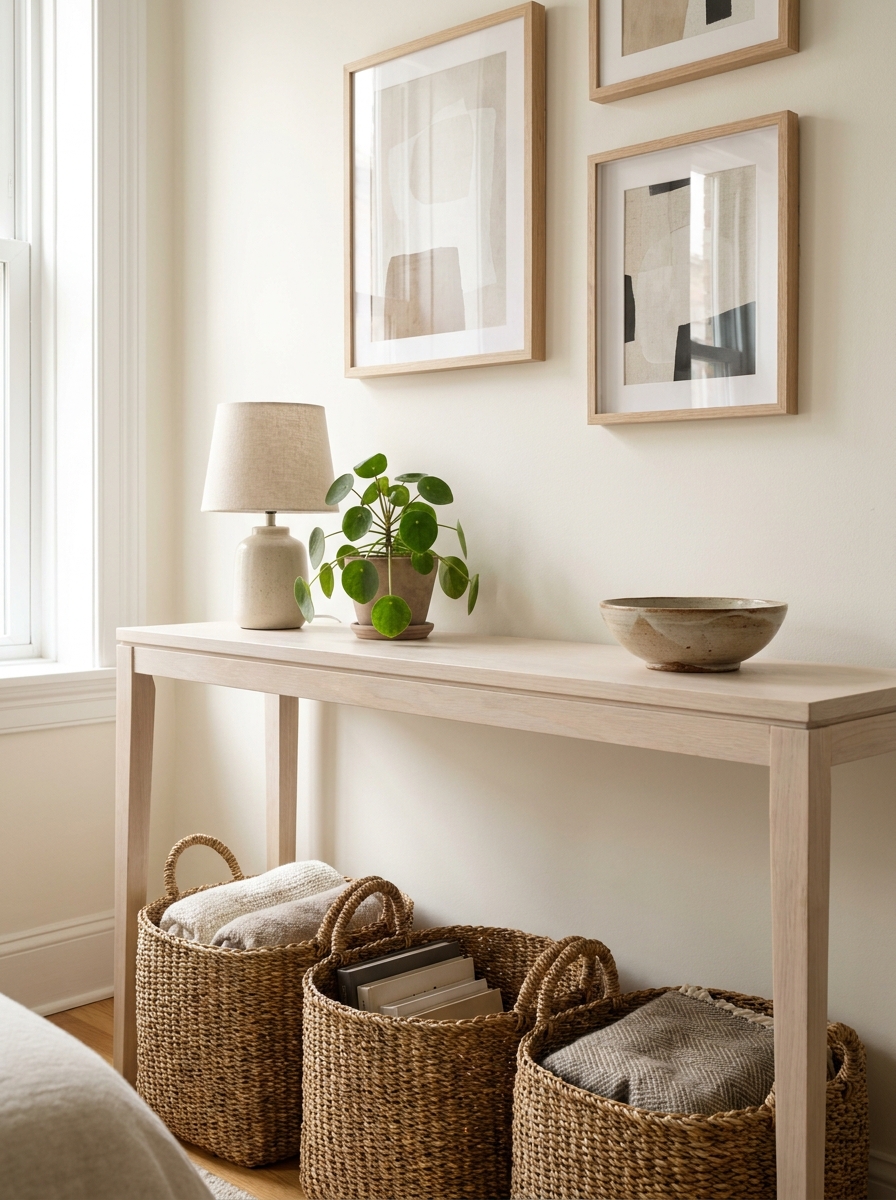 Slim console table in a small apartment with woven baskets underneath, lamp, plant, ceramic bowl, and framed art
