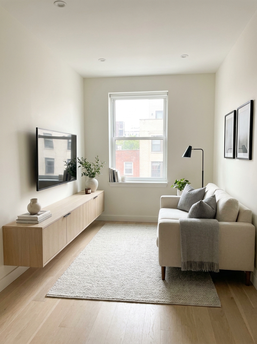 Small apartment living room with wall-mounted TV, slim floating media console, compact sofa, light rug, and clear floor