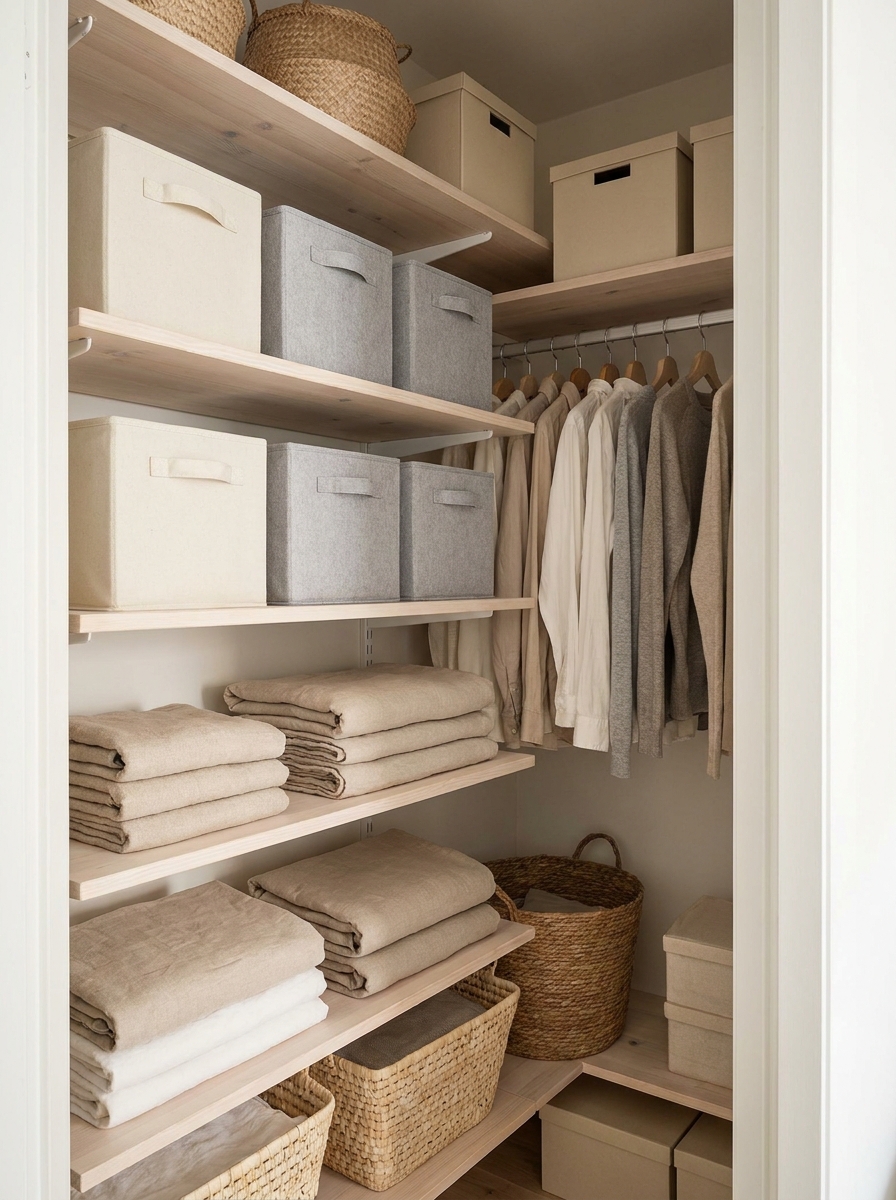 Small apartment closet organized with matching fabric bins, folded linens, baskets, hanging clothes, and storage boxes