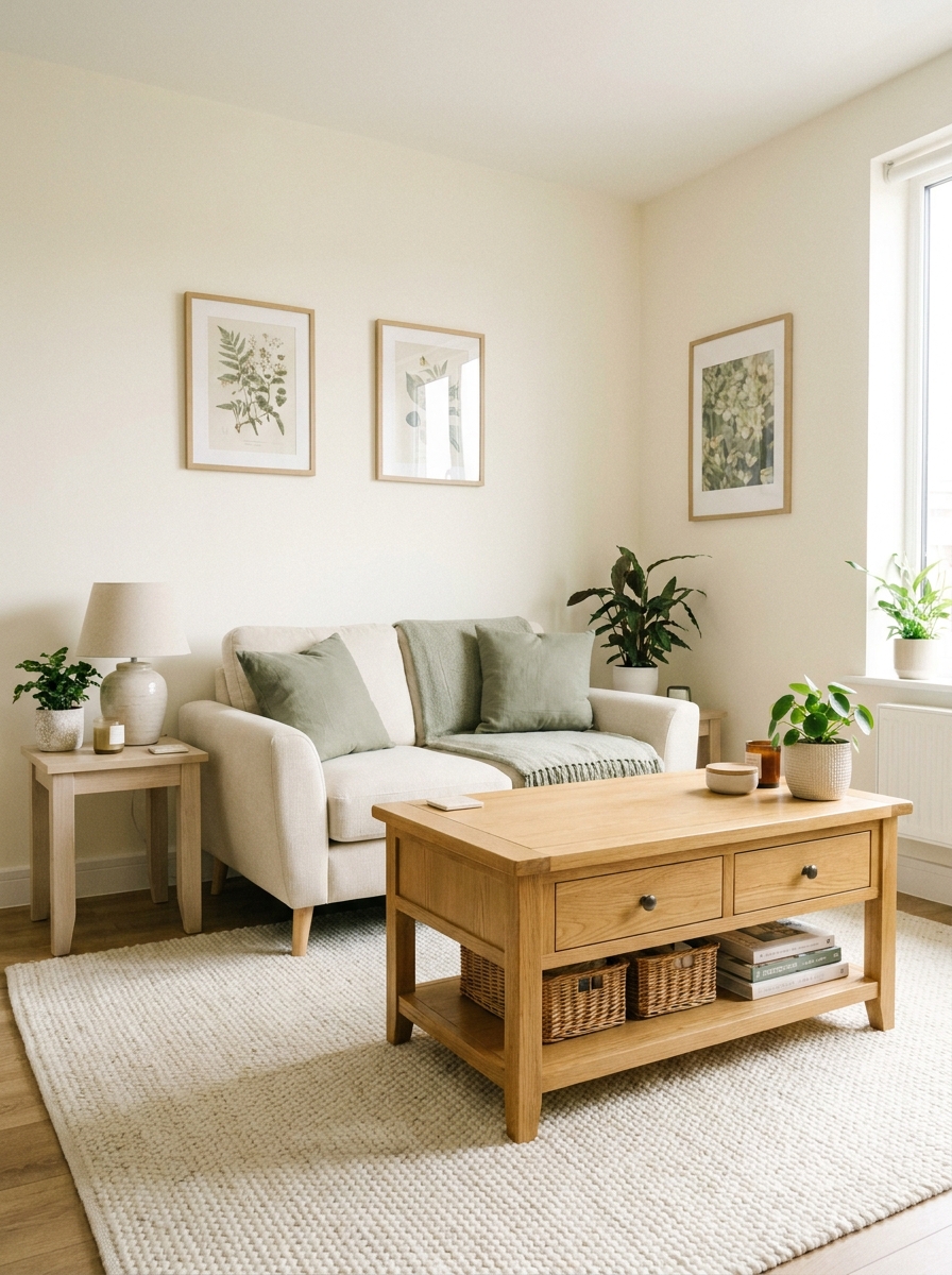 Small apartment living room with light wood storage coffee table, drawers or lower shelf, baskets, books, compact sofa, and rug