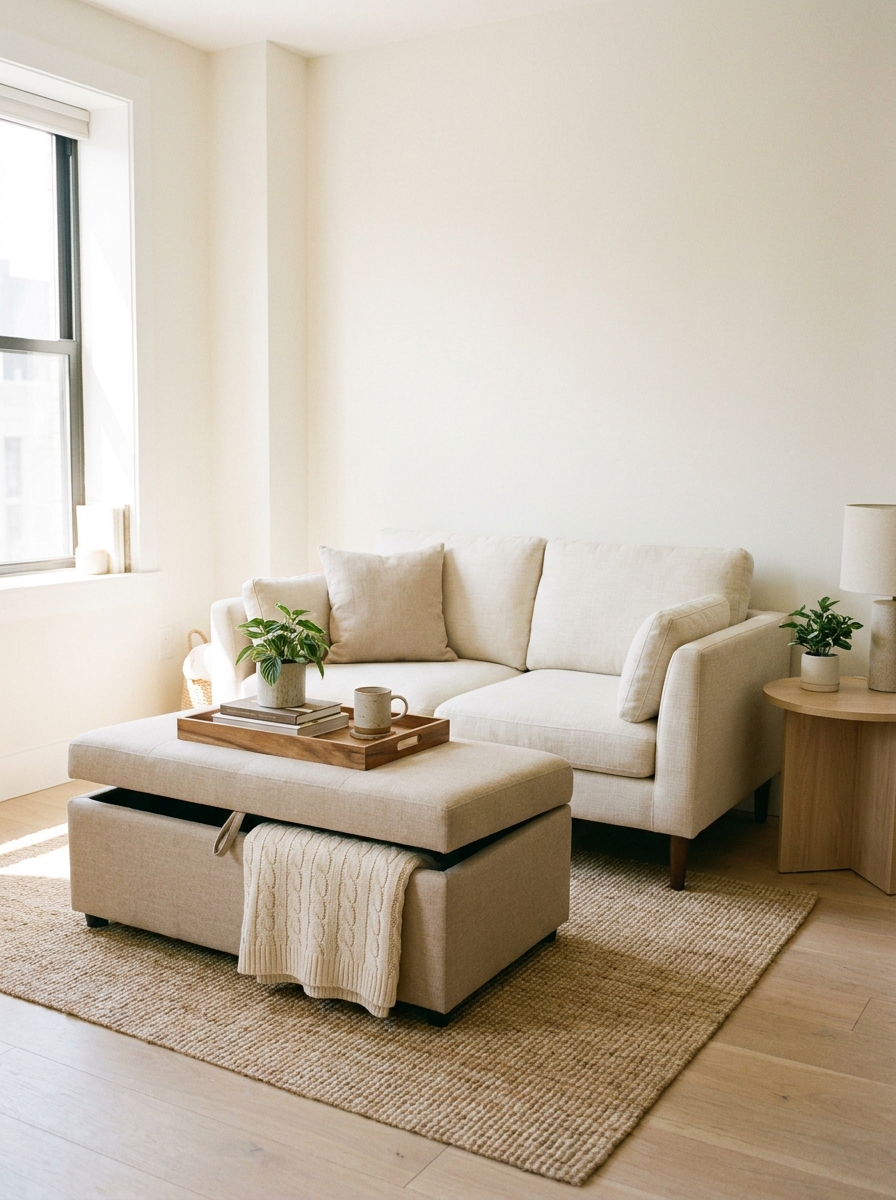 Small apartment living room with compact sofa, upholstered storage ottoman, tray, blanket storage, rug, and side table