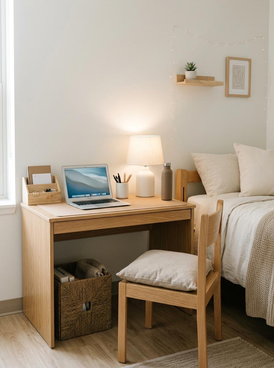 Minimal neutral dorm study corner with light wood desk, laptop, beige desk mat, warm white lamp, pencil cup, organizer, chair cushion, and woven bin