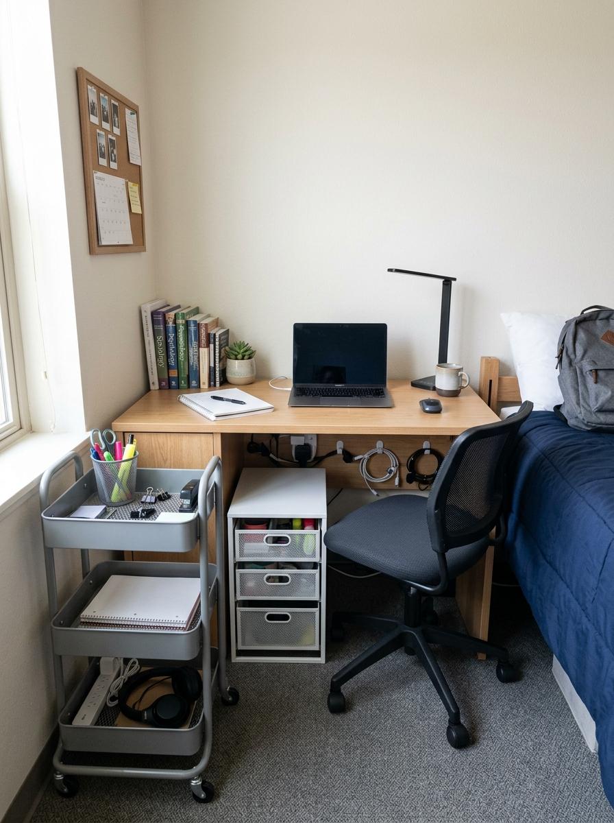 Dorm desk with laptop and lamp on top, drawer unit underneath, rolling cart beside the desk, cable clips, organized supplies, chair, and nearby bed