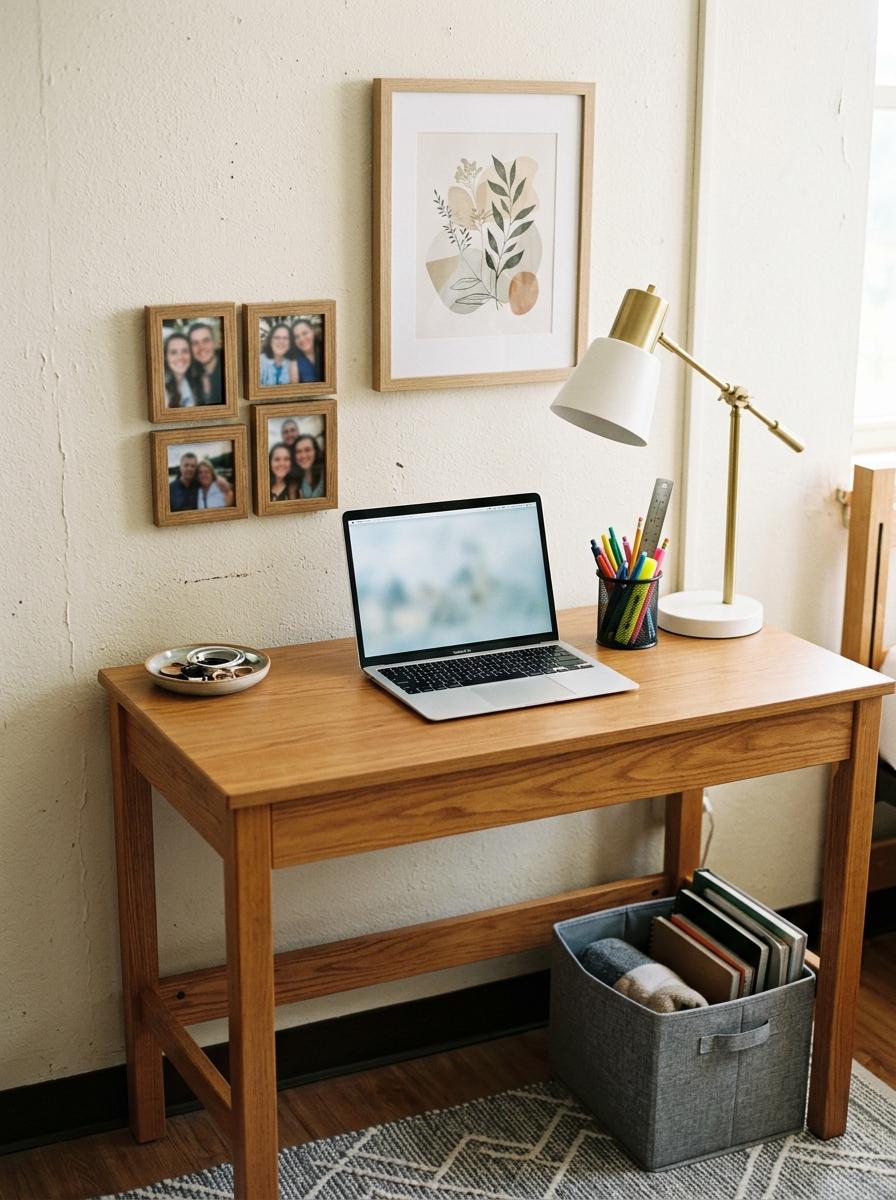 Personalized dorm desk with laptop, framed photos, favorite art print, ceramic dish, lamp, pencil cup, clear workspace, soft rug edge, and storage bin
