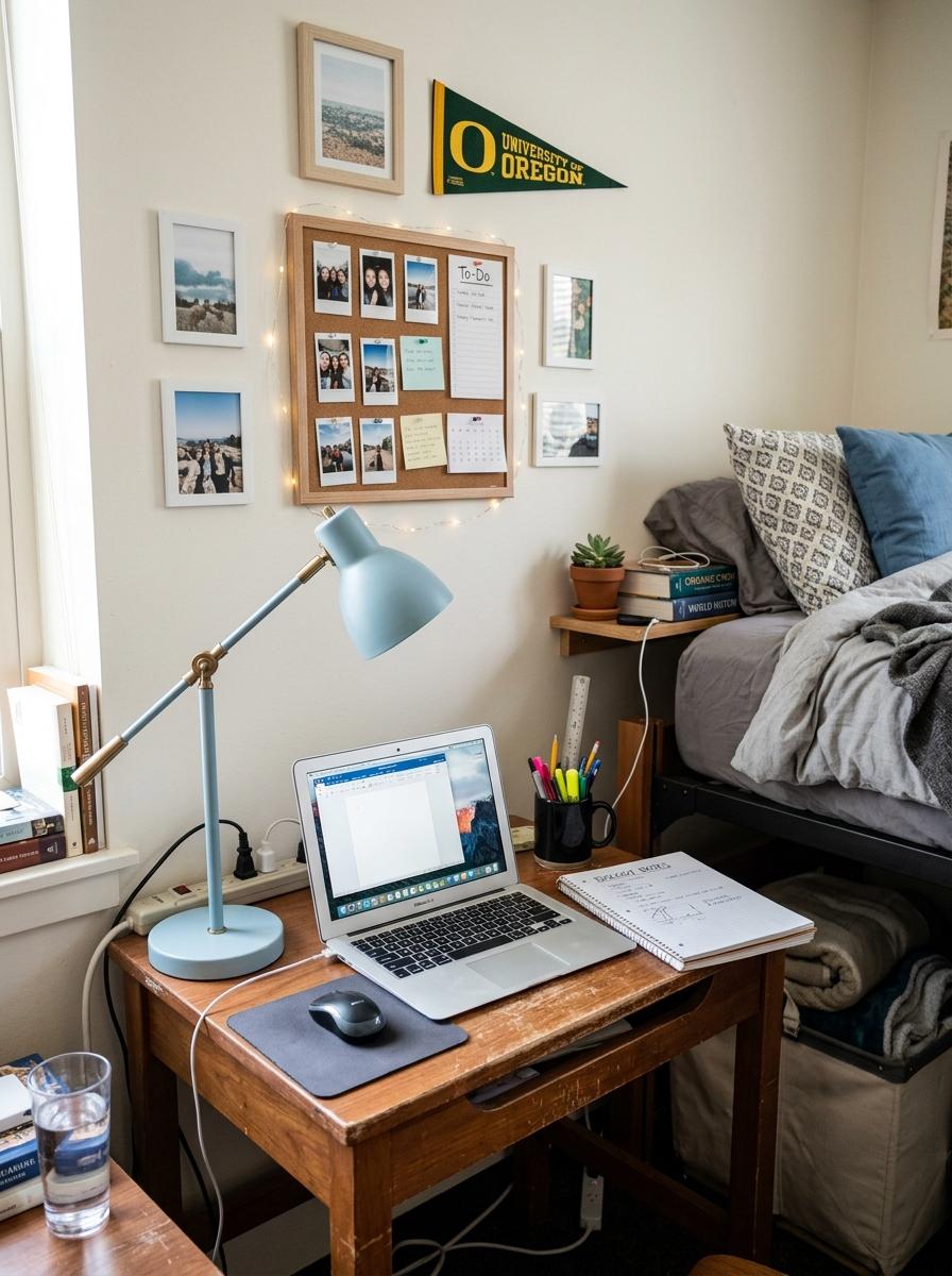 Dorm desk focused on a stylish brass or powder-blue lamp with laptop, notebook, pencil cup, coordinated wall decor, and nearby dorm storage