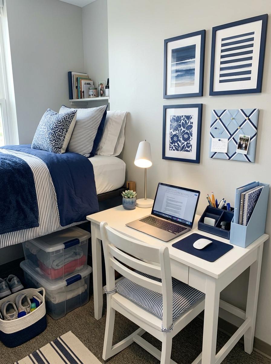 Blue preppy dorm desk with navy and powder-blue organizers, striped chair cushion, desk lamp, blue wall prints, laptop, ribbon memo board, bed, and under-bed storage