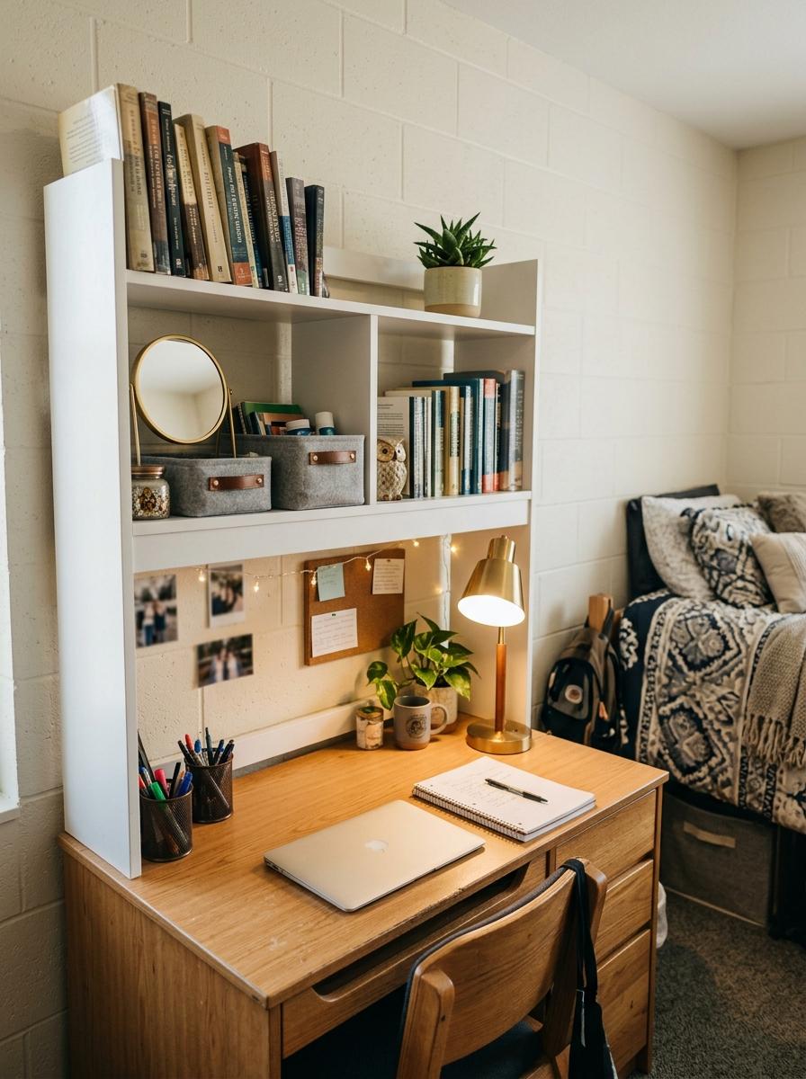 Cozy dorm desk with attached white shelf hutch holding textbooks, storage bins, mirror, plant, decor, laptop, notebook, pencil cup, and warm lamp