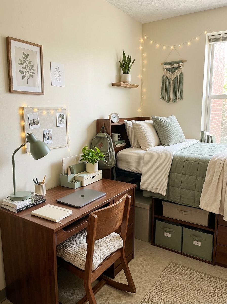 Coordinated sage green and cream dorm room with twin XL bed, compact desk, sage desk lamp, matching organizers, cream chair cushion, wall art, storage, and string lights