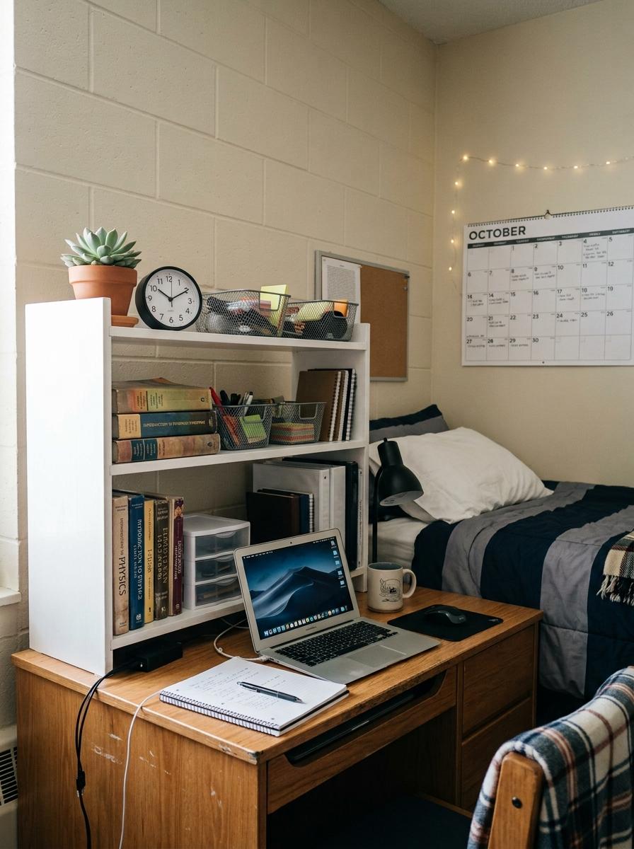 College dorm desk with white shelf riser, textbooks, notebooks, storage boxes, desk clock, tiny plant, laptop, notebook, and wall calendar