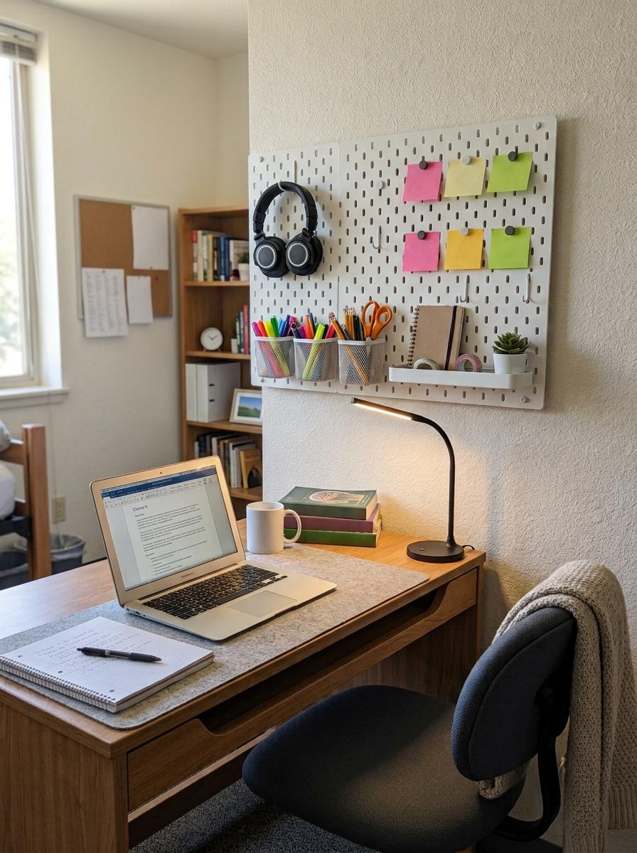 Dorm desk with white pegboard above it holding small baskets, headphones, scissors, sticky notes, stationery, laptop, notebook, and lamp