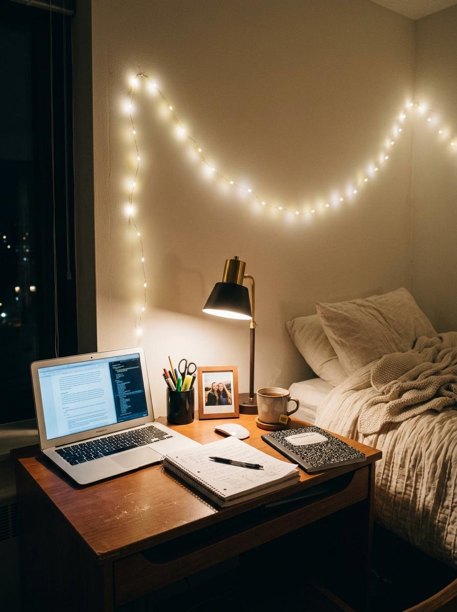 Cozy dorm desk at night with warm desk lamp, string lights, laptop, notebooks, pencil cup, small framed photo, cream bedding, and plain dorm walls