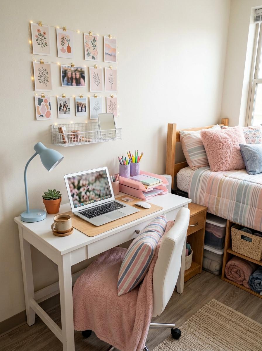 Cute pastel dorm desk with laptop, pastel pink trays, lavender pencil cup, powder blue lamp, small wall prints, chair cushion, bed edge, and under-bed storage