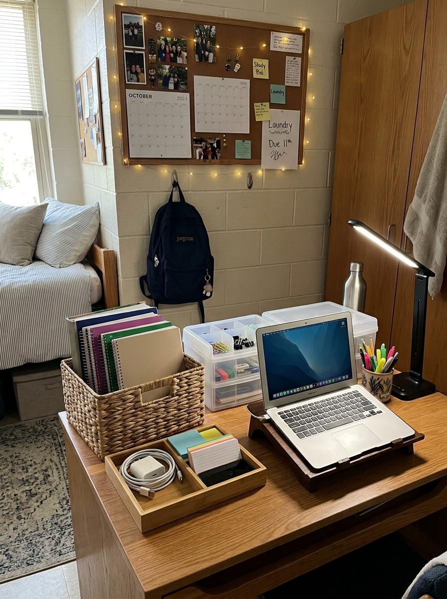 Organized dorm desk with woven basket for notebooks, tray for chargers and sticky notes, pencil cup, laptop, lamp, tidy containers, and bulletin board