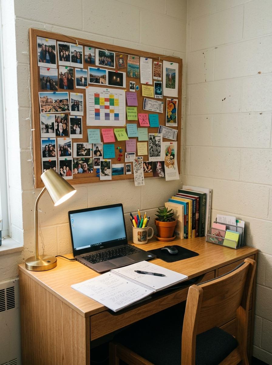 Dorm desk with large cork board above it, laptop, open notebook, warm lamp, schedules, photos, small prints, reminders, and tidy organizers
