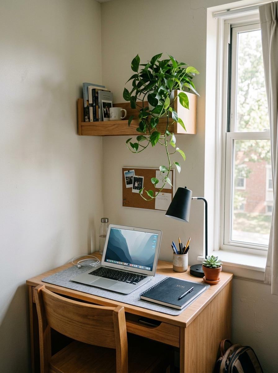 Fresh dorm desk near a window with laptop, notebook, simple lamp, small potted plant, trailing shelf plant, succulent, pencil cup, and soft daylight