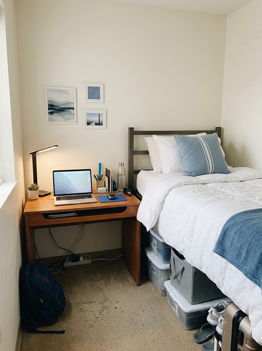 Dorm desk placed beside twin XL bed with laptop, lamp, organizers, white bedding, blue accents, wall art, under-bed storage, and limited space