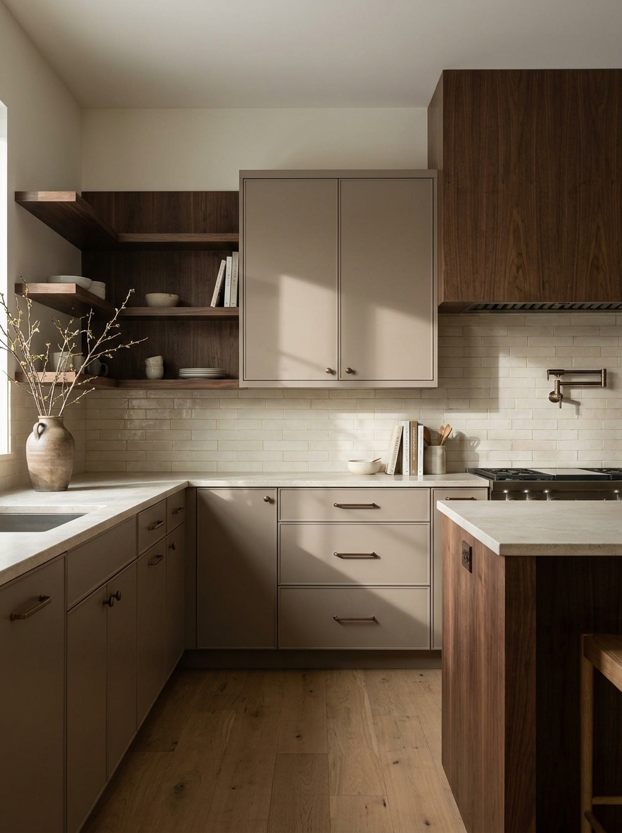 Refined kitchen with mushroom taupe flat-front cabinets, pale stone counters, creamy backsplash, walnut accents, and bronze hardware