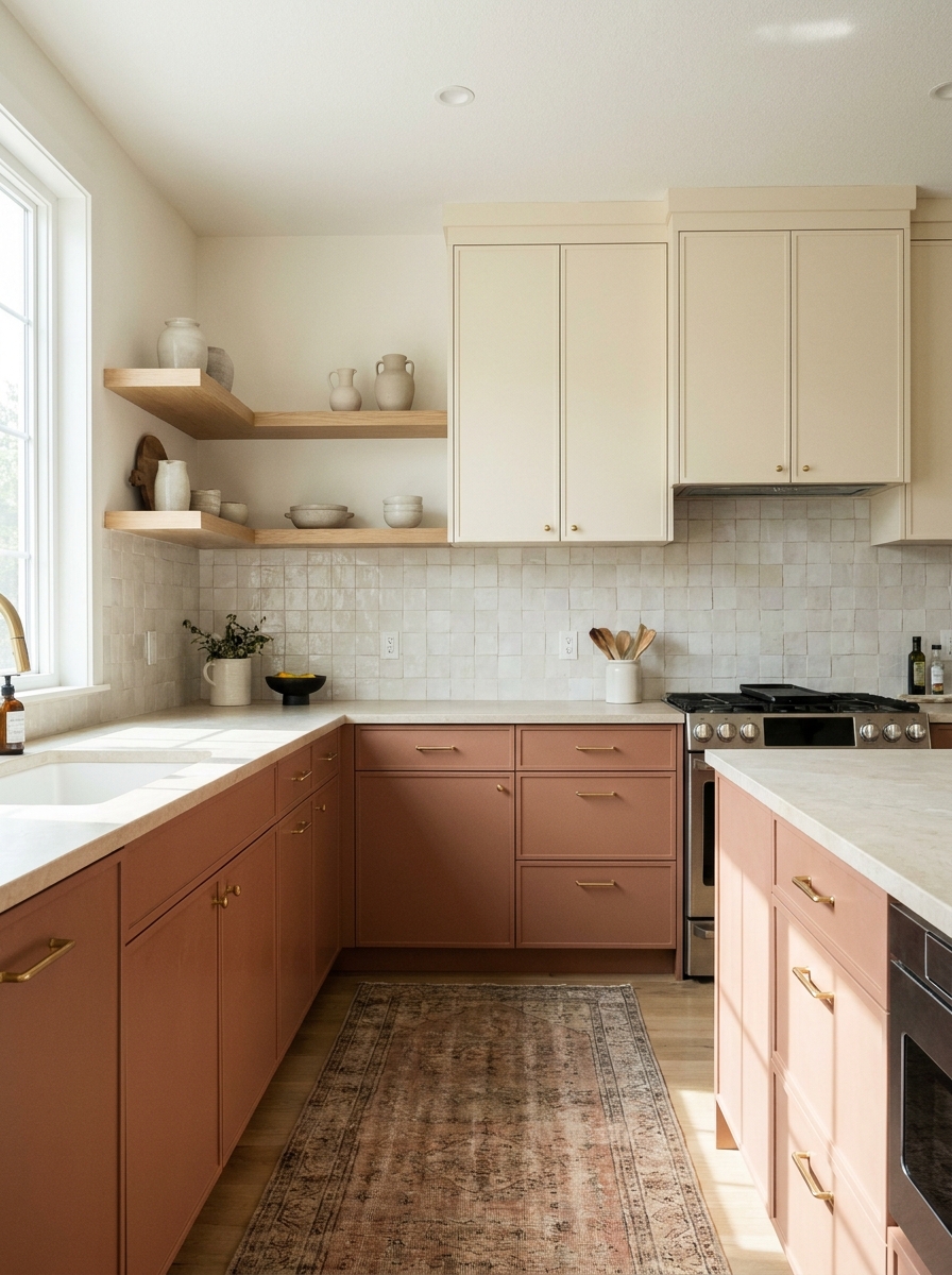 Contemporary kitchen with muted terracotta lower cabinets, cream upper cabinets, pale stone counters, and oak shelves