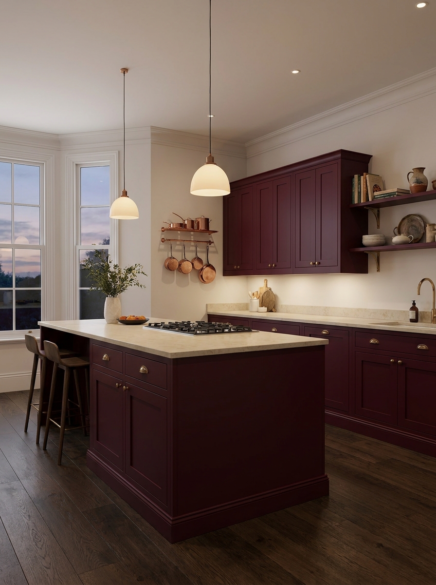 Stylish kitchen with deep burgundy island and cabinets, creamy stone counters, warm white walls, dark wood floor, and brass hardware